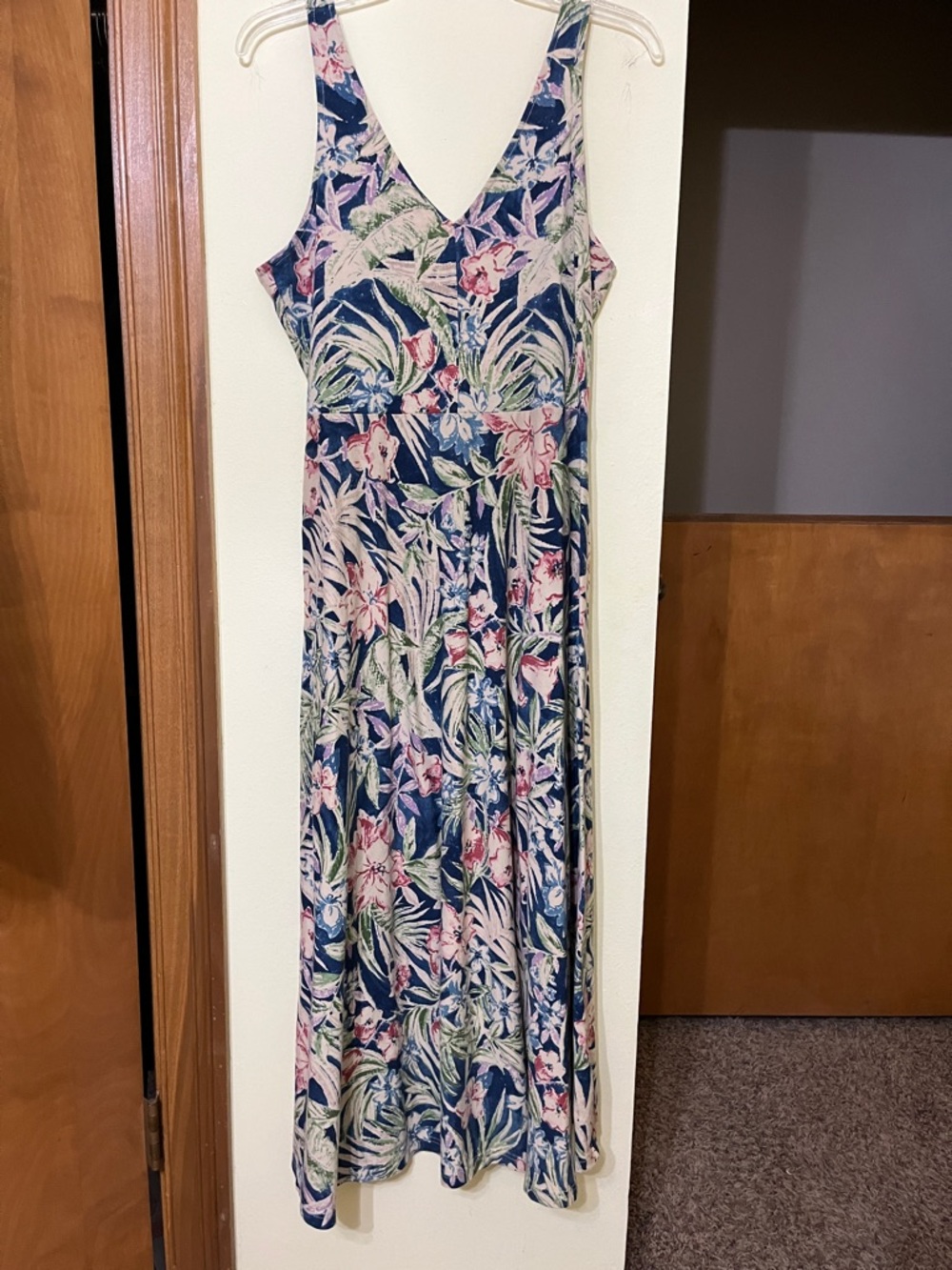 Floral V-Neck Sleeveless Maxi Dress - Navy with Pink & Green